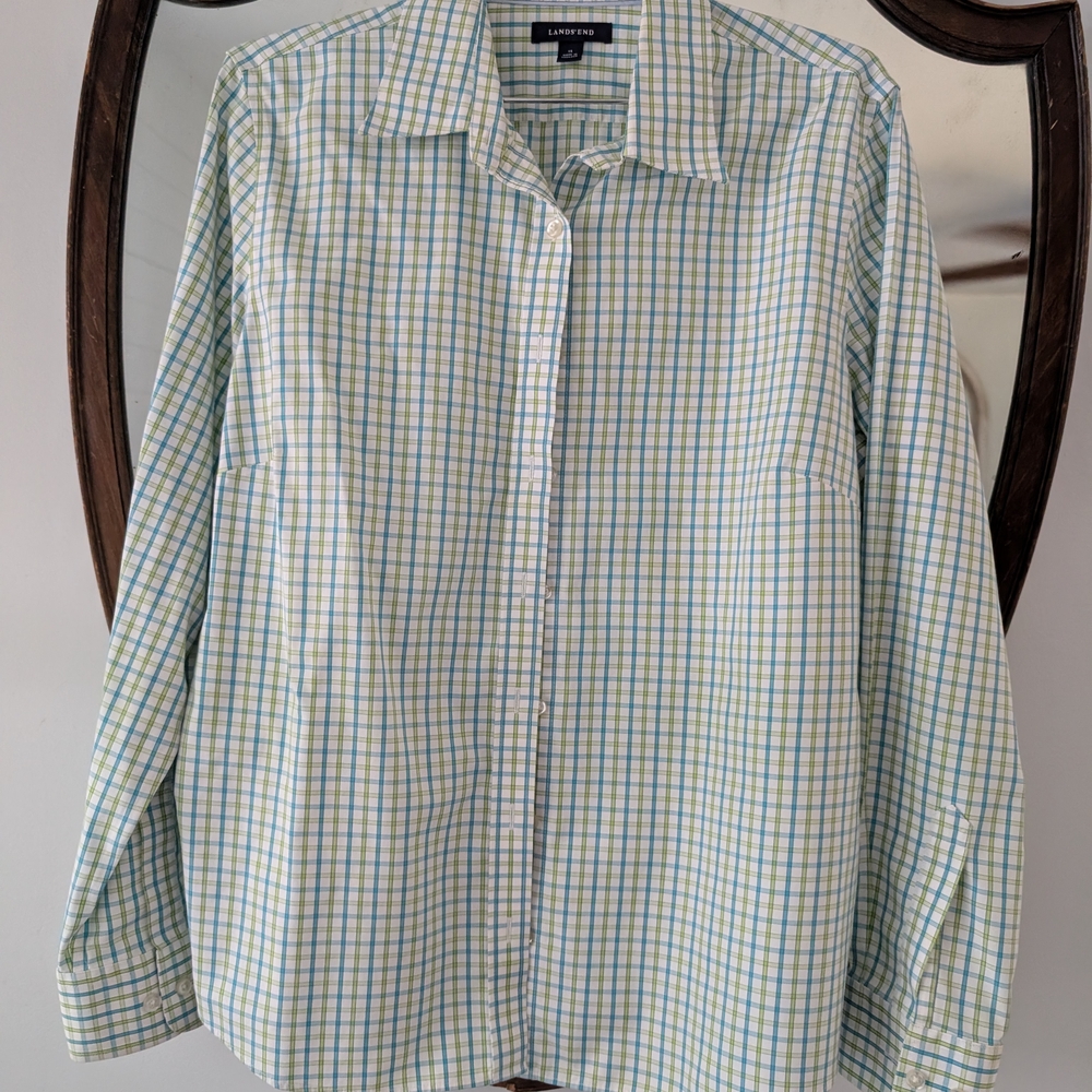 Lands' End Women's Blue and Yellow Plaid Button Down